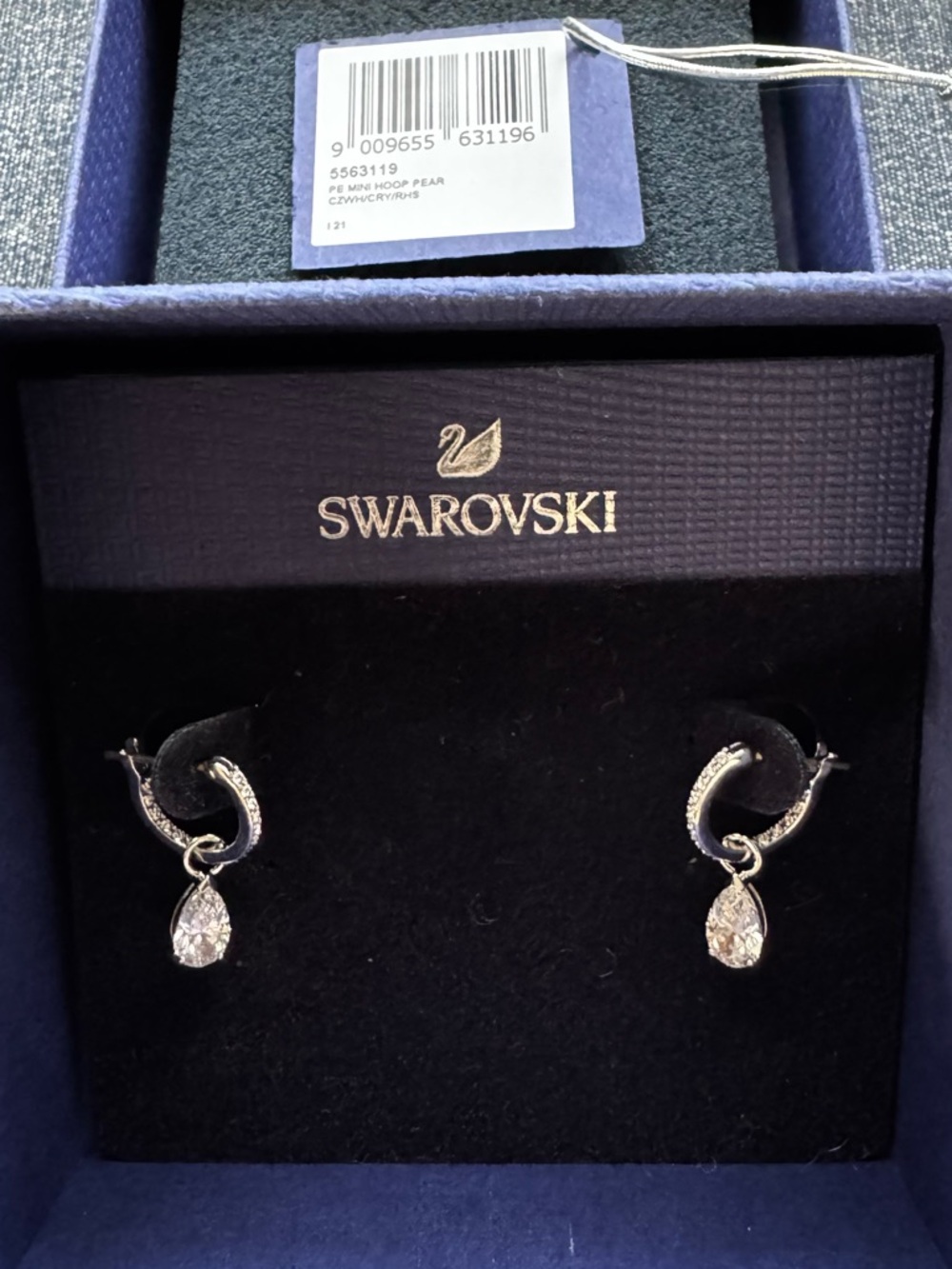 Swarovski Silver Mini Hoop Pear Earrings with Clear Teardrop Crystals New